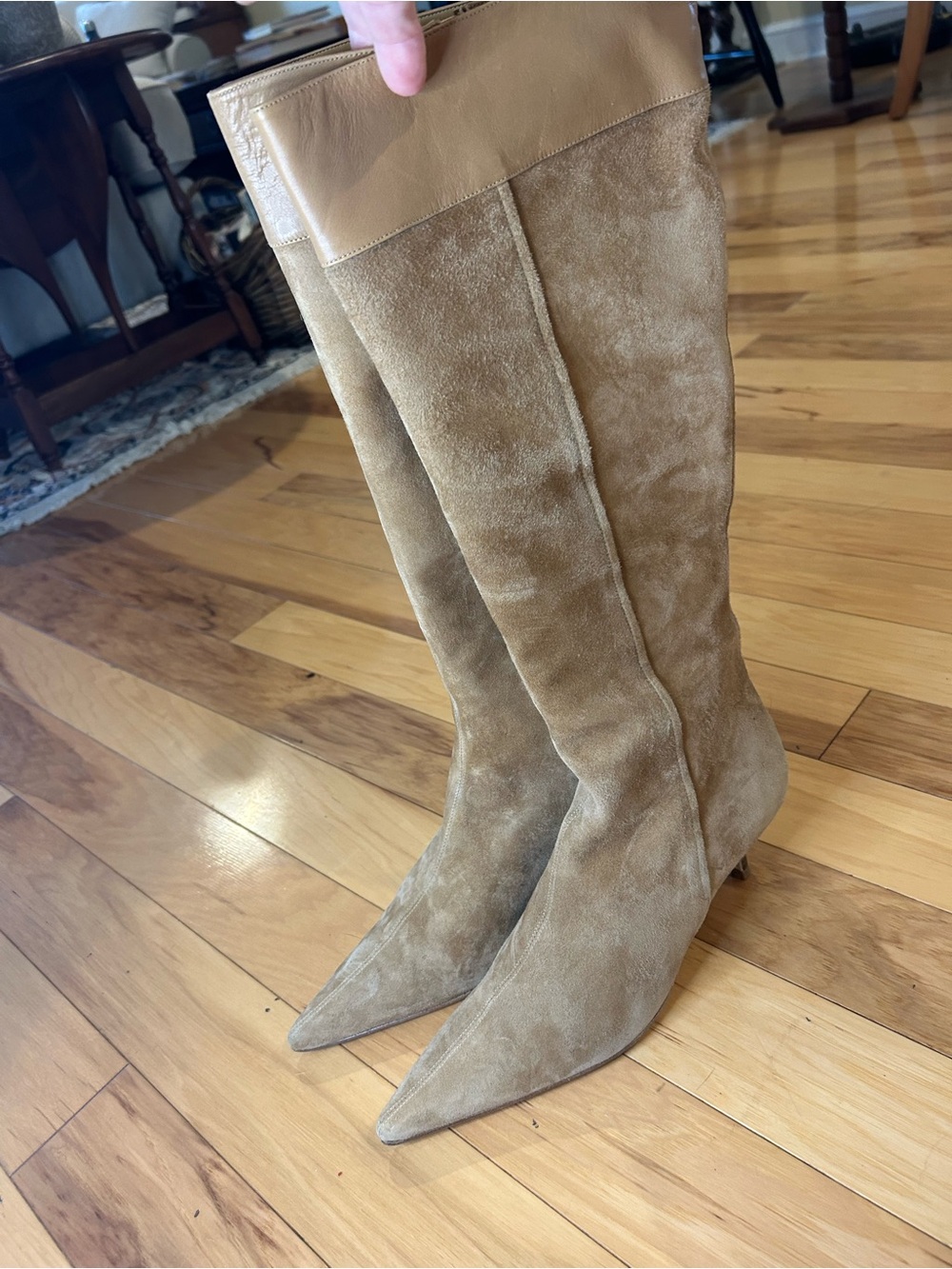 Banana Republic Suede Knee High Boots Pointed Toe Kitten Heel Tan Colorblock